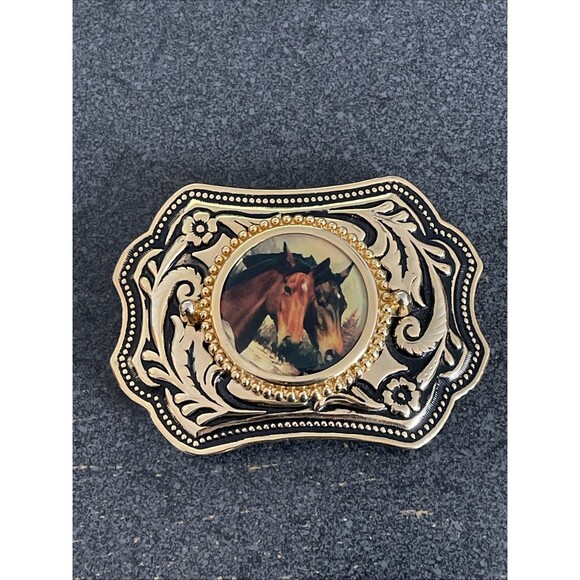 Unbranded Other - Vintage Belt Buckle Double Horse Portrait Goldtone Black  4 x 2.75" 1.5" Belt
